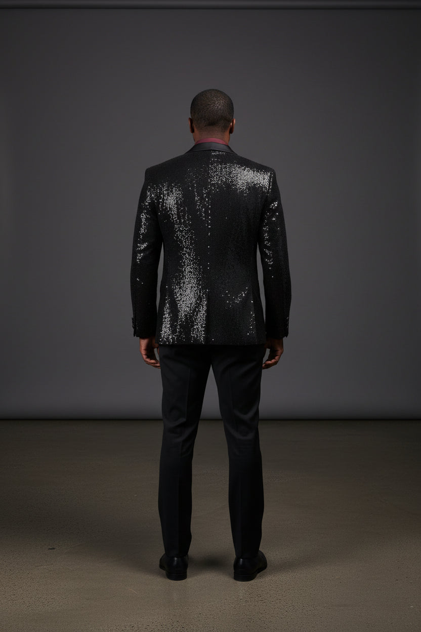 Black Shiny Disco Blazer with Satin Lapel - Premium Tuxedo Jacket