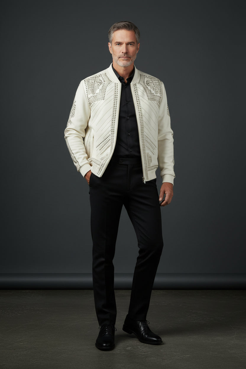 Gold Stud White Luxury Jacket - Premium Embellished Statement Outerwear