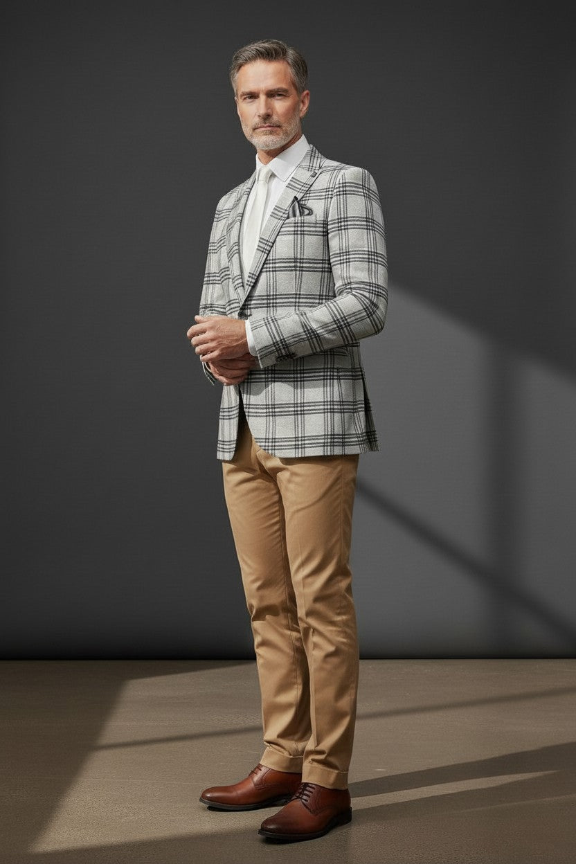 Men's Cream Plaid Suit with Bow Tie - Classic Tailored Blazer Set