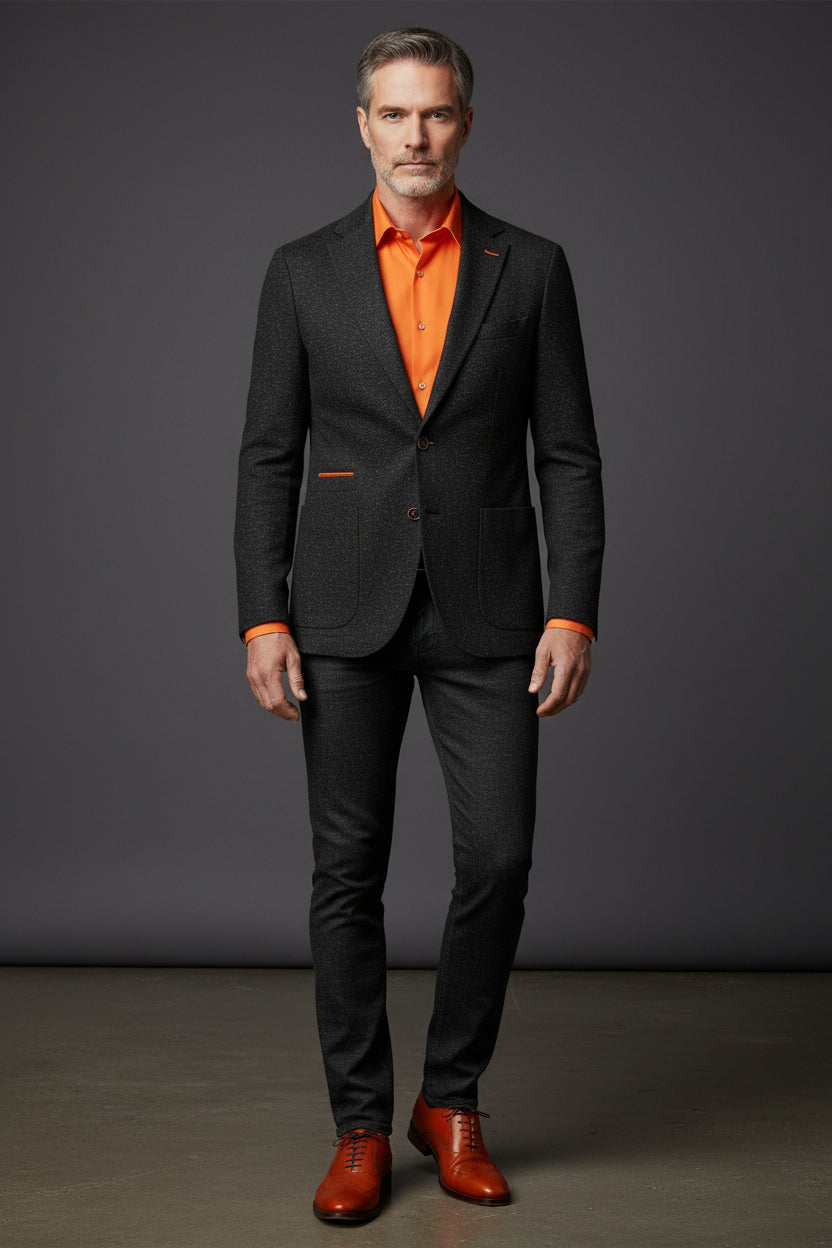 Navy Speckled Single-Breasted Blazer with Orange Detailing