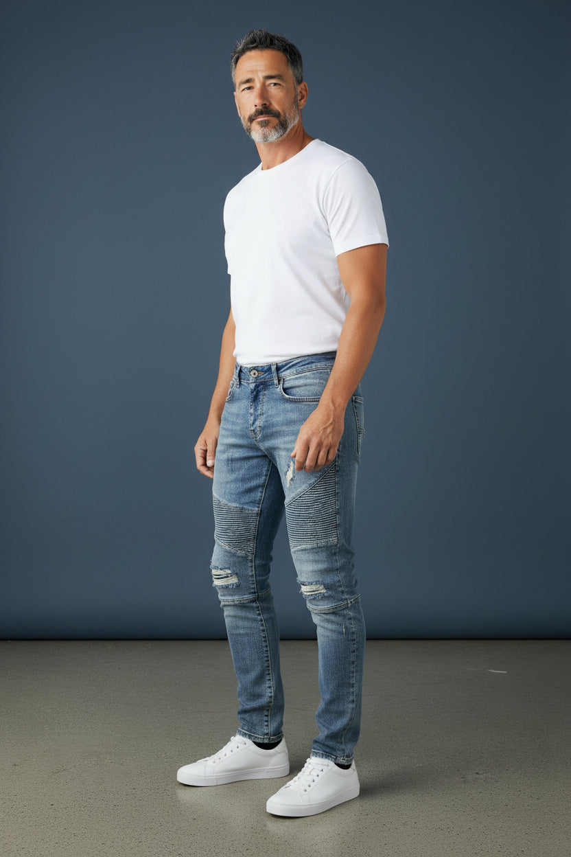 Distressed Moto Biker Jeans