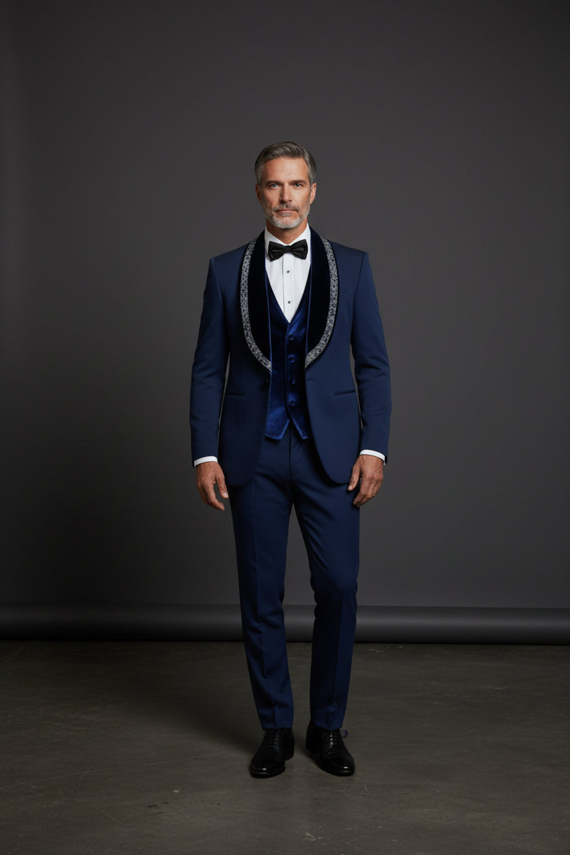 Men's Deep Blue Velvet Tuxedo with Crystal Embellished Lapel - Vercini