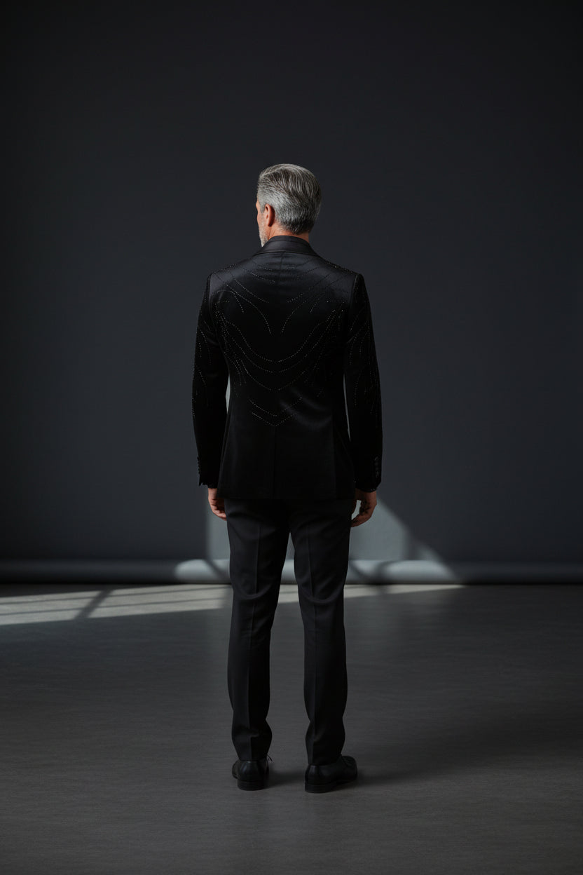 Men’s Black Velvet Statement Jacket with Crystal Detailing