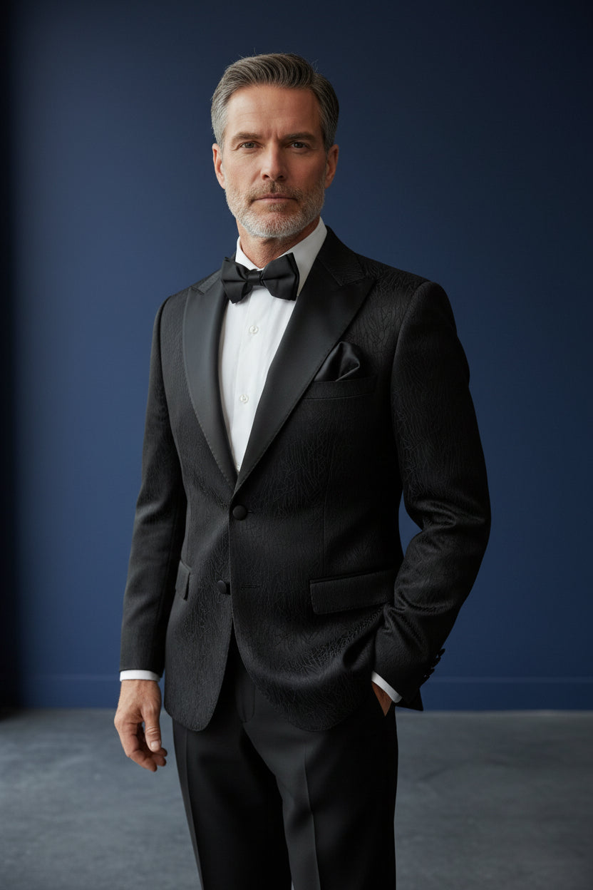 Black Patterned Tuxedo with Striking Pink Lining