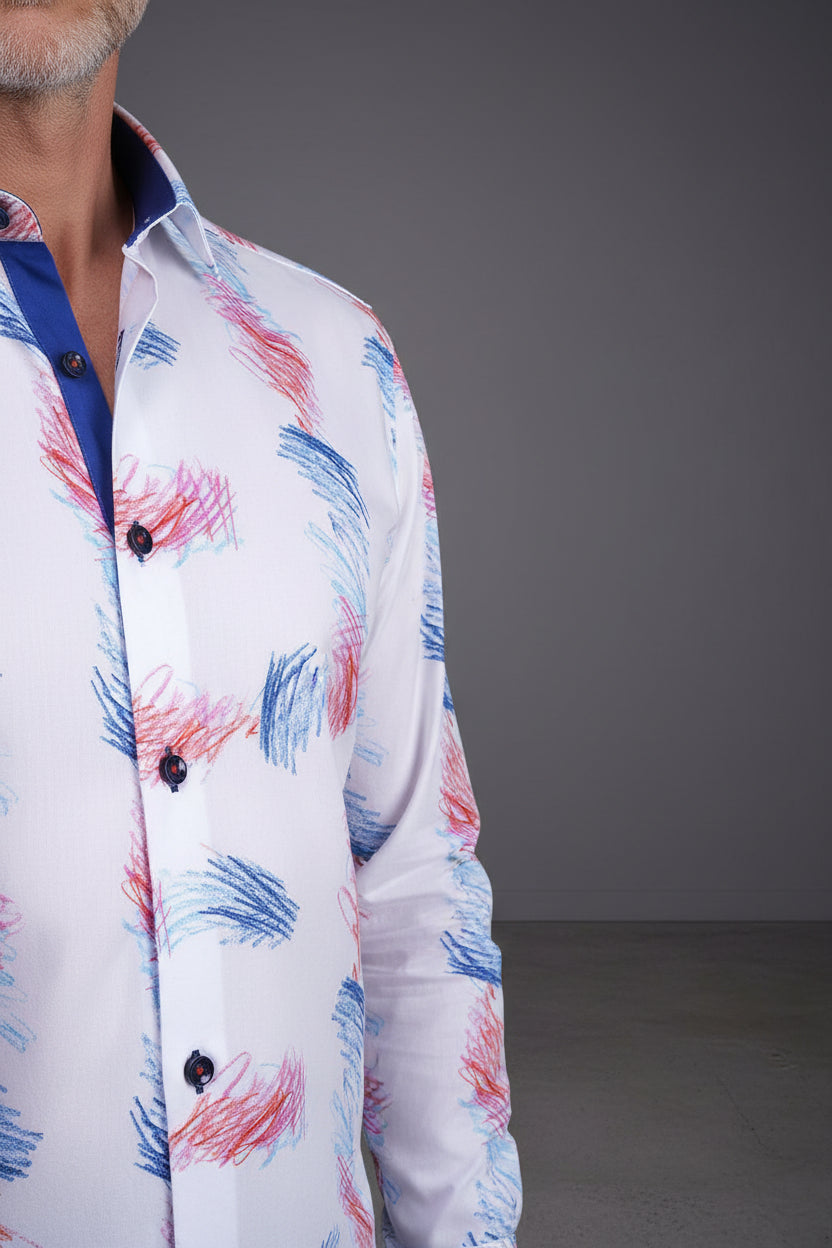 Vercini White Abstract Brush Stroke Button-Up Shirt – Modern Artistic Print Dress Shirt