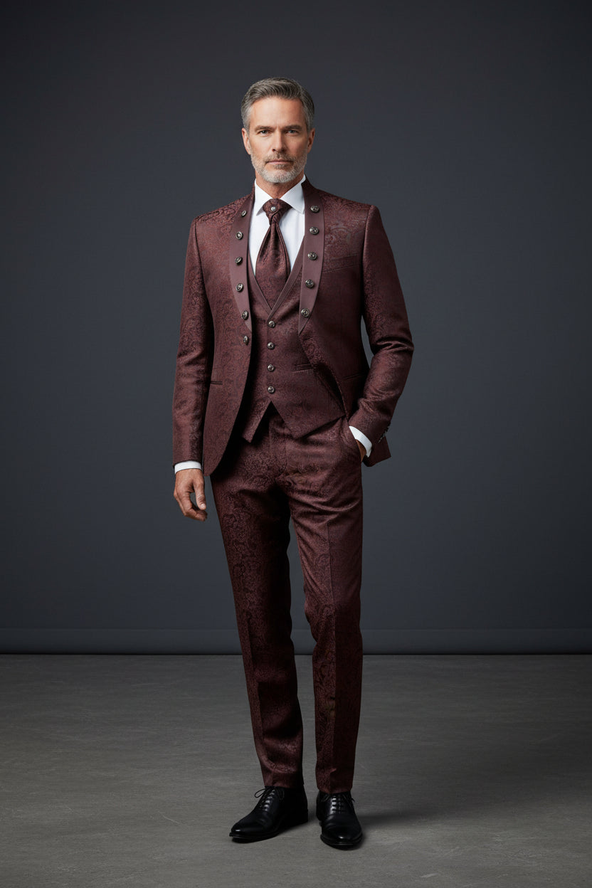 Burgundy Patterned Tuxedo - Slim Fit Collarless Tuxedo Suit for Men