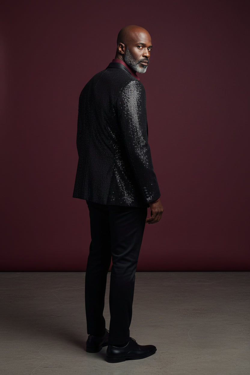 Black Shiny Disco Blazer with Satin Lapel - Premium Tuxedo Jacket