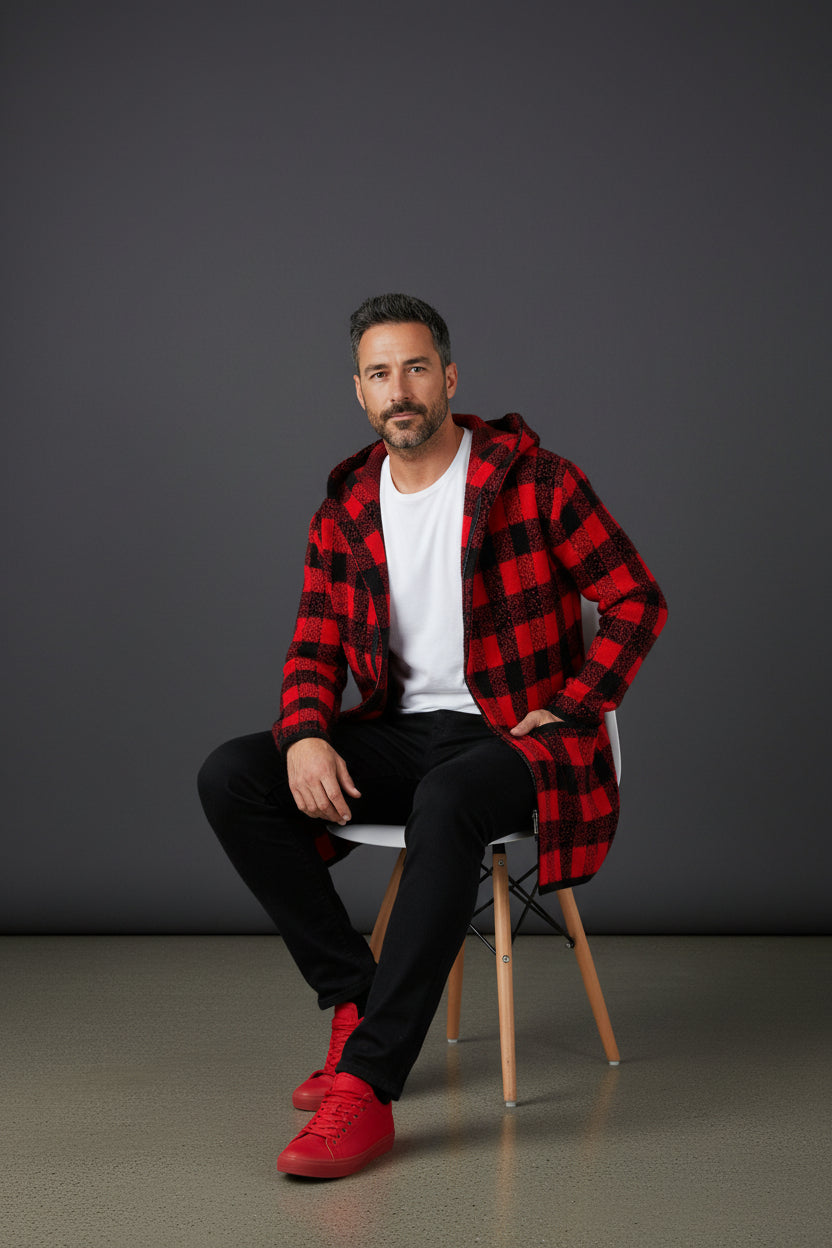 Red & Black Checkered With Hood Full Zip