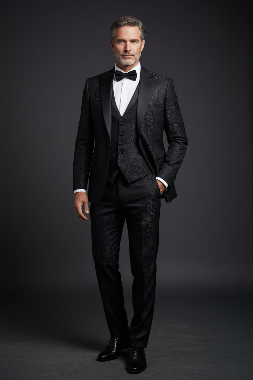 Elegant Texture Black Crochet Tuxedo - Slim Fit No-Collar Design