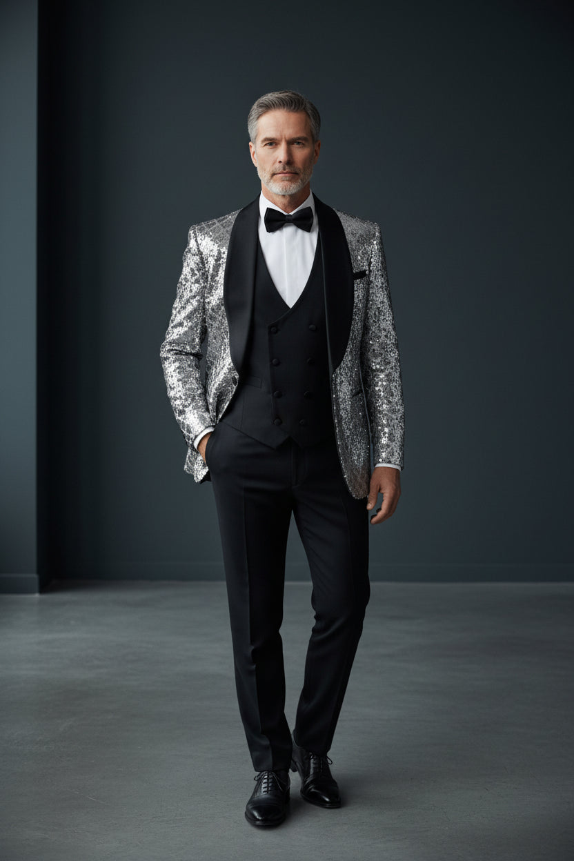 Geometric Splendor Vercini Tuxedo - Sequin Embellished Velvet Lapel