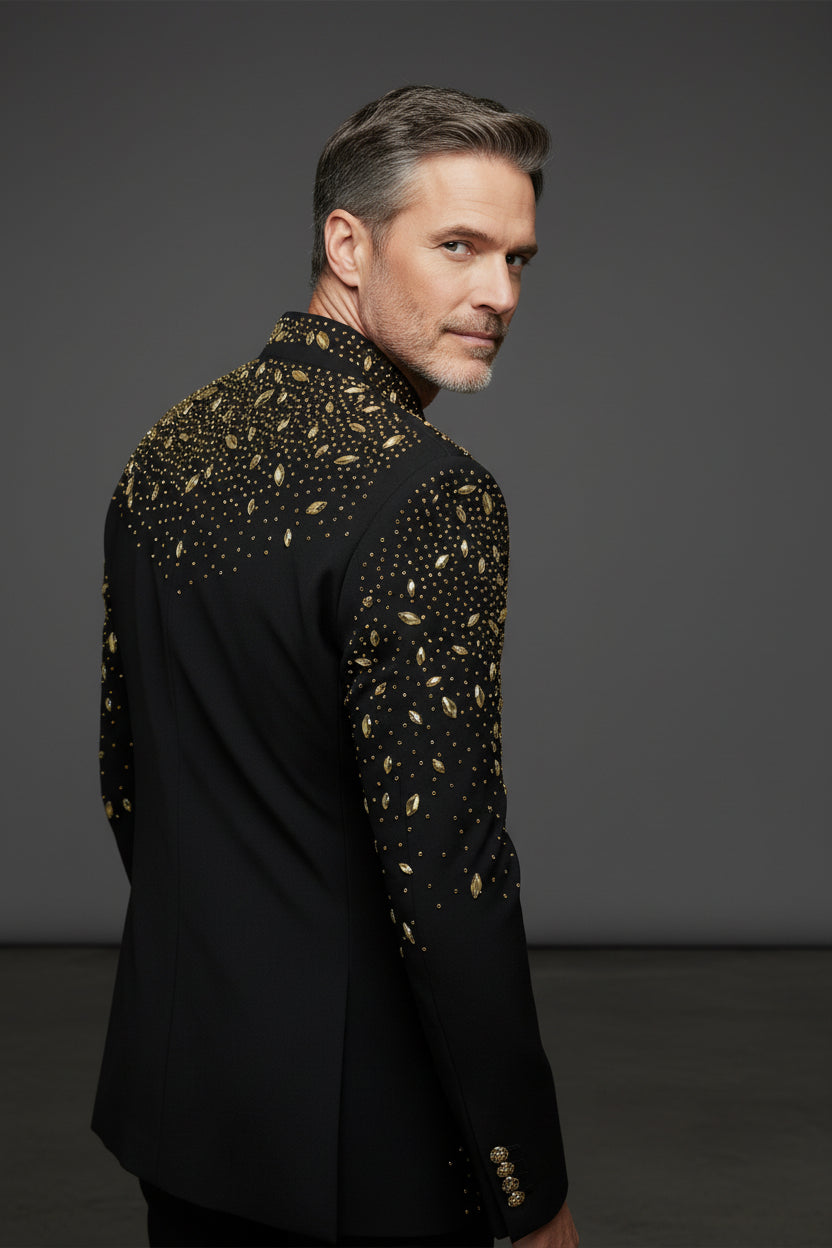 Tears in Heaven Black and Gold Rhinestone Slim Fit Dinner Blazer