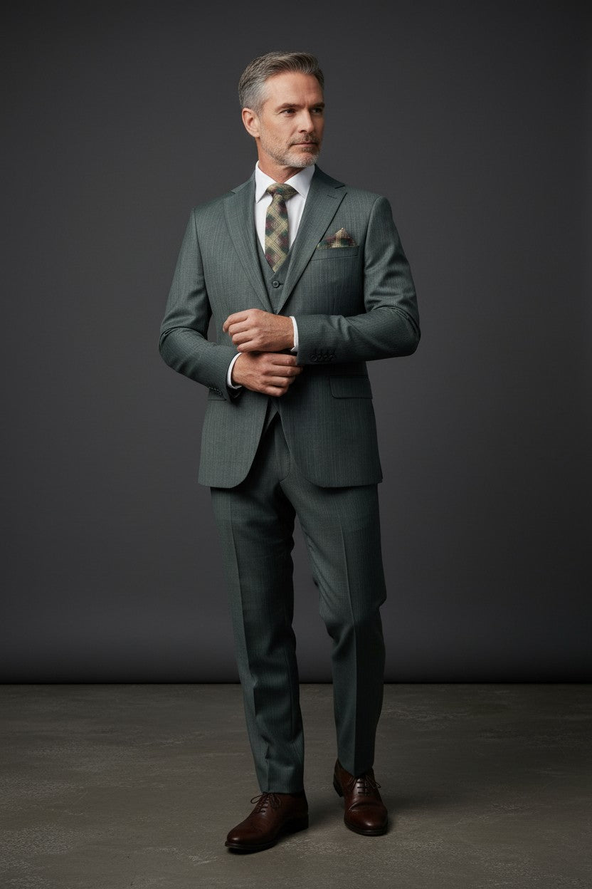 Refined Elegance: Light Green 3-Piece Suit with Subtle Stripes