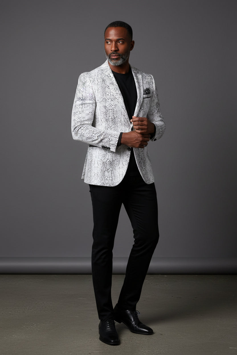 Men's Serpent Print Tailored Jacket in White & Black