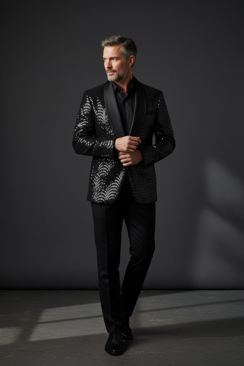 Men's Silver Sequin Blazer - Slim Fit Shawl Lapel Formal Jacket