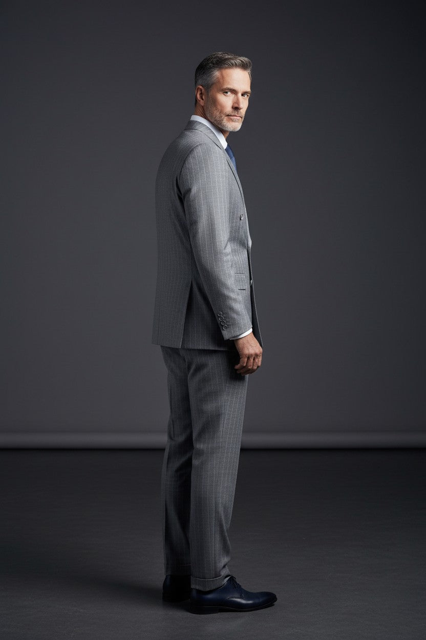 Double-Breasted Grey Suit – Classic Sophistication and Modern Charm