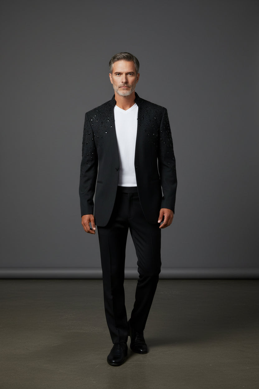 Tears in Heaven Black and Gold Rhinestone Slim Fit Dinner Blazer