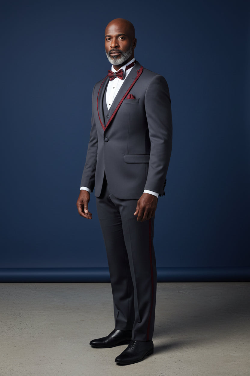 Vercini Evening Tuxedo featuring a sleek shawl lapel adorned with a striking shiny red trim.g
