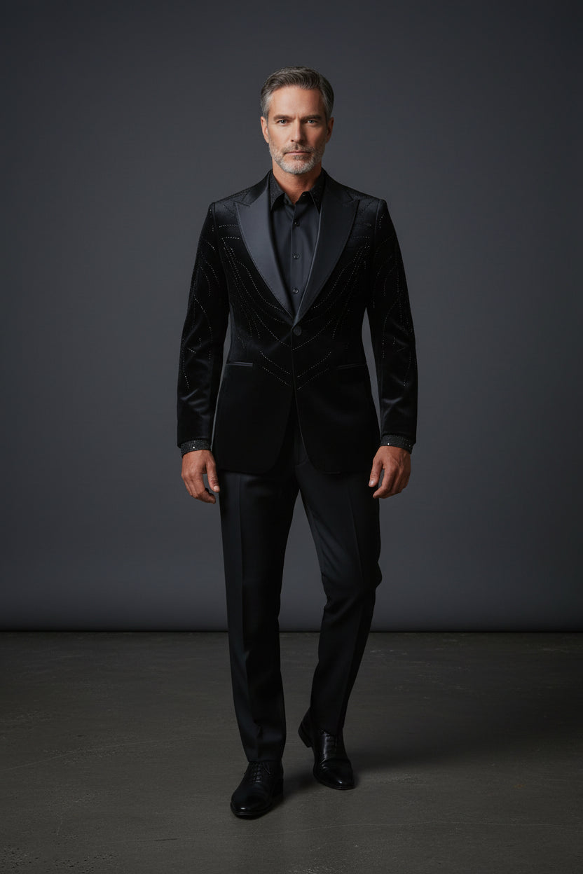 Men’s Black Velvet Statement Jacket with Crystal Detailing