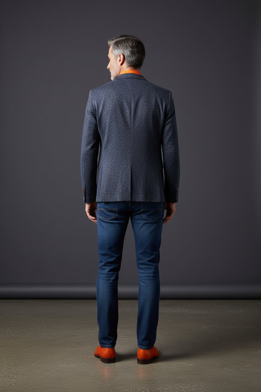 Navy Speckled Single-Breasted Blazer with Orange Detailing