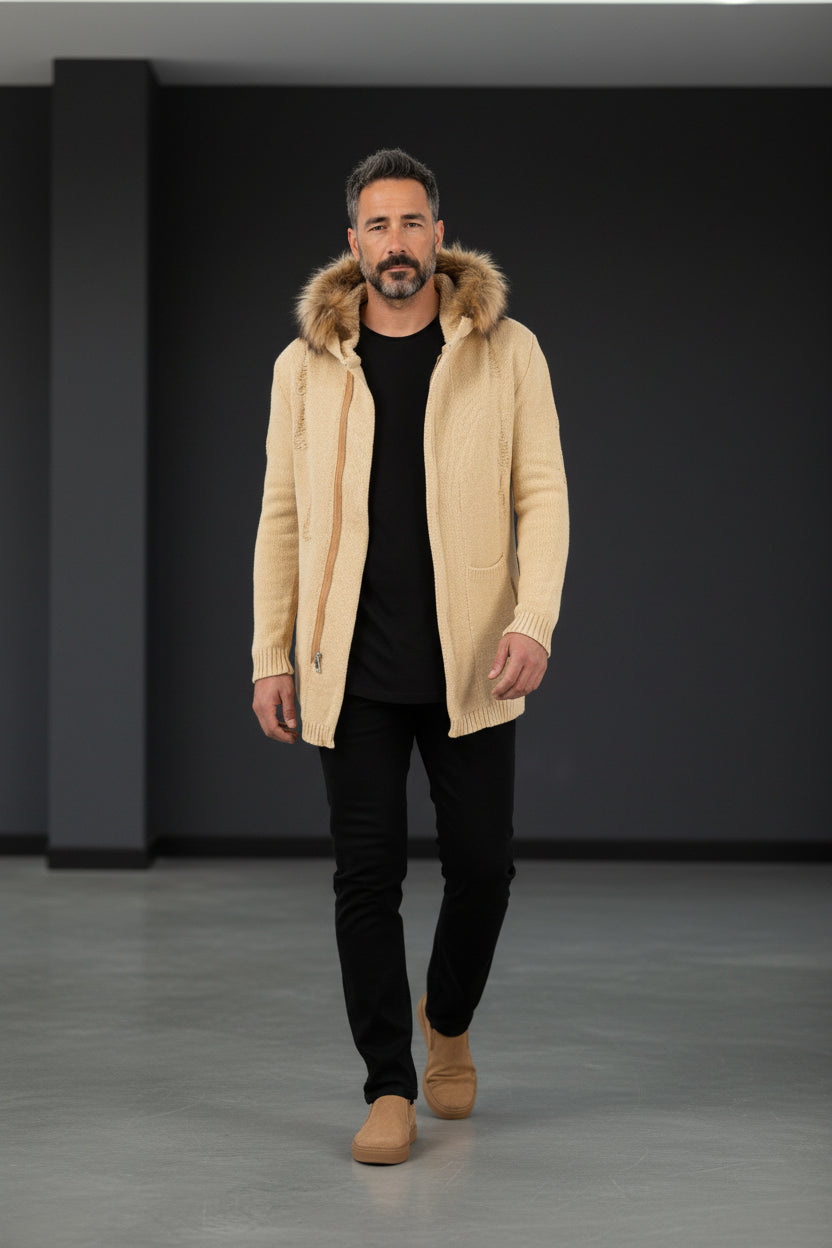 Fur-Trimmed Hooded Long Cardigan