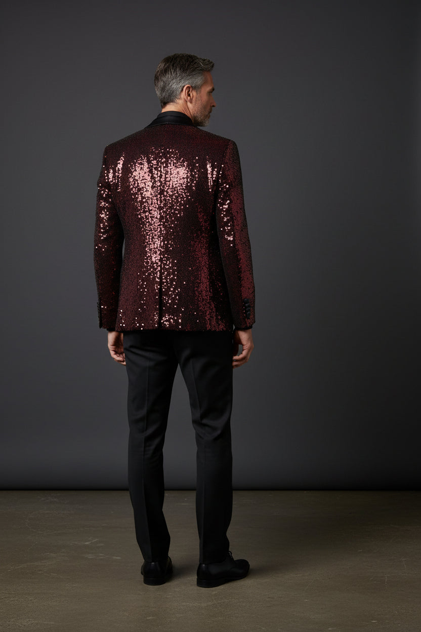 Sequin Tuxedo Jacket with Satin Lapels - Red Carpet Party Blazer