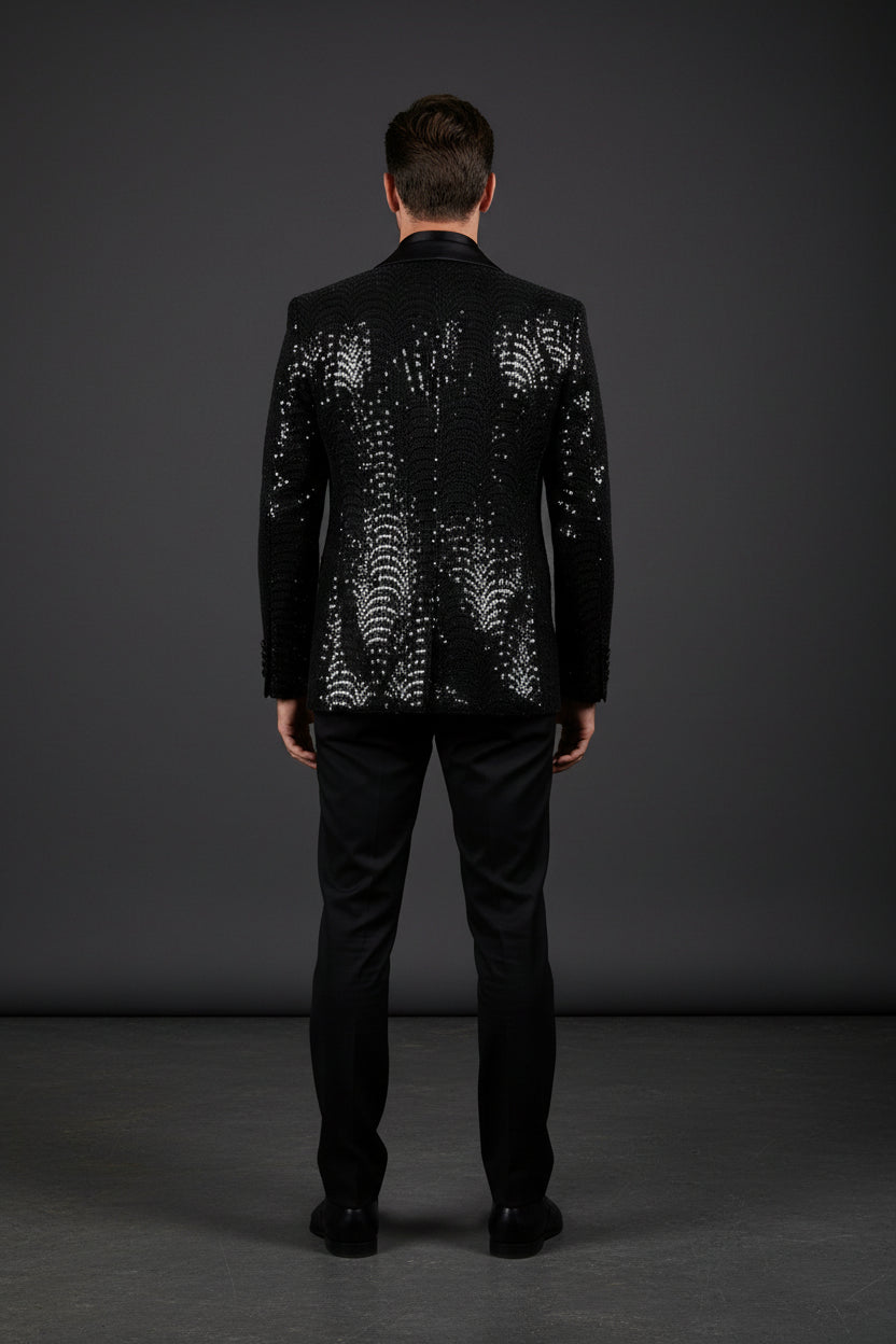 Men's Silver Sequin Blazer - Slim Fit Shawl Lapel Formal Jacket