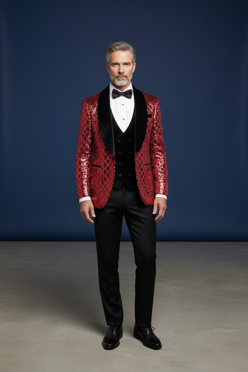 Geometric Splendor Vercini Tuxedo - Sequin Embellished Velvet Lapel