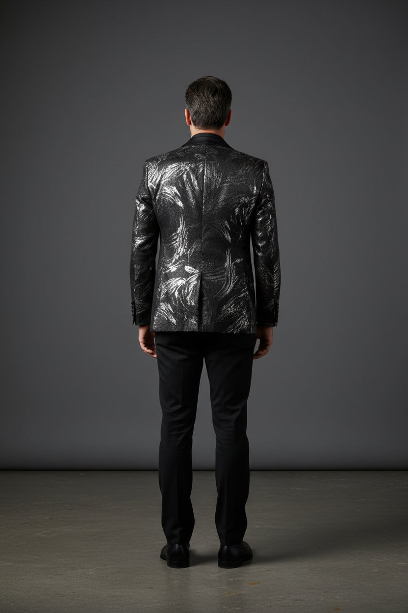 Vercini Monarch Brush Tuxedo Jacket - Black Shawl Lapel Blazer with Silver Abstract Design