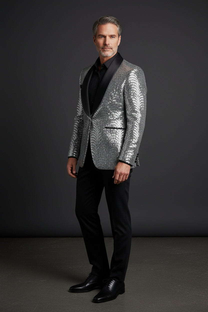 Men's Silver Sequin Blazer - Slim Fit Shawl Lapel Formal Jacket