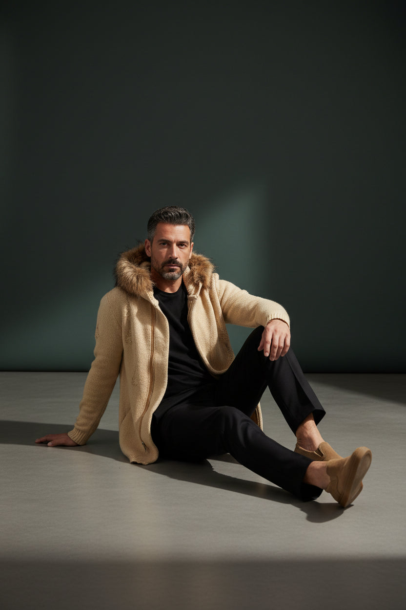 Fur-Trimmed Hooded Long Cardigan