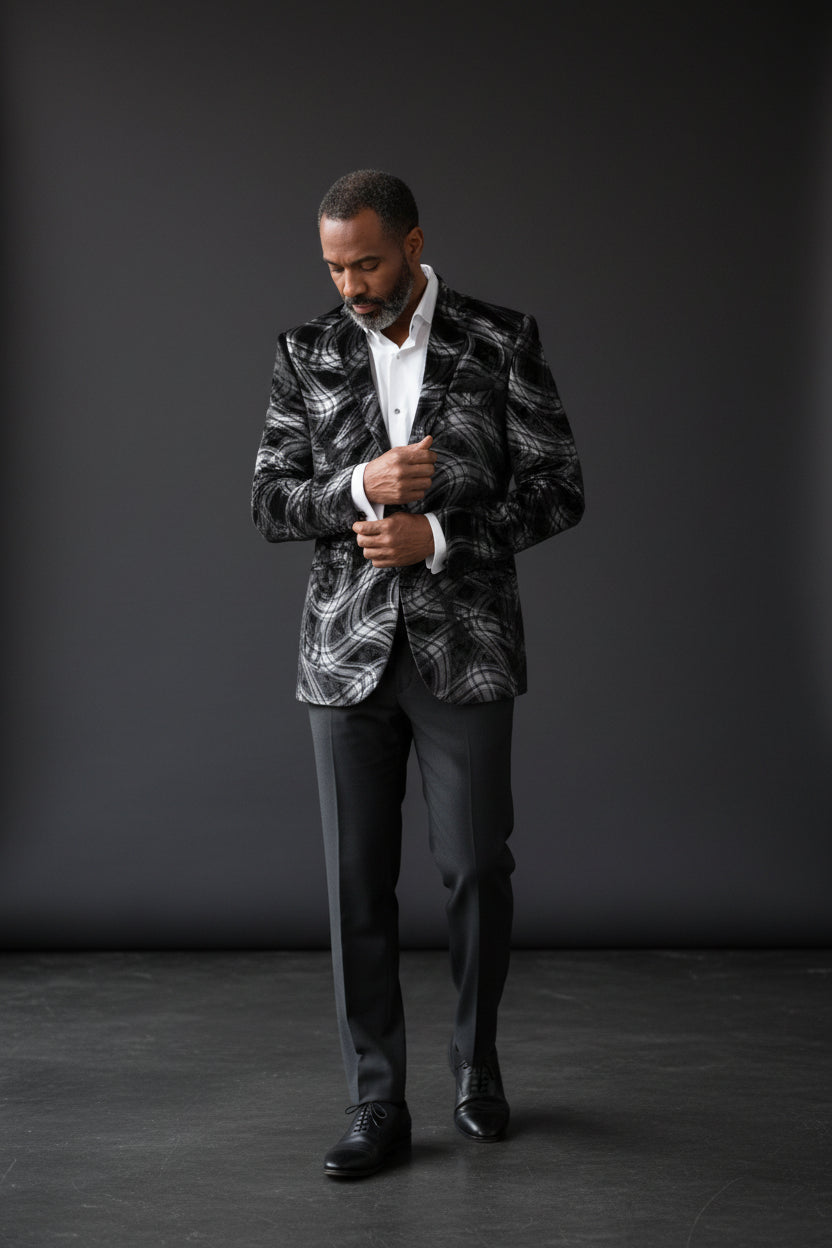 Vercini Abstract Brushstroke Blazer - Black White Gray Velvet Luxury Jacket