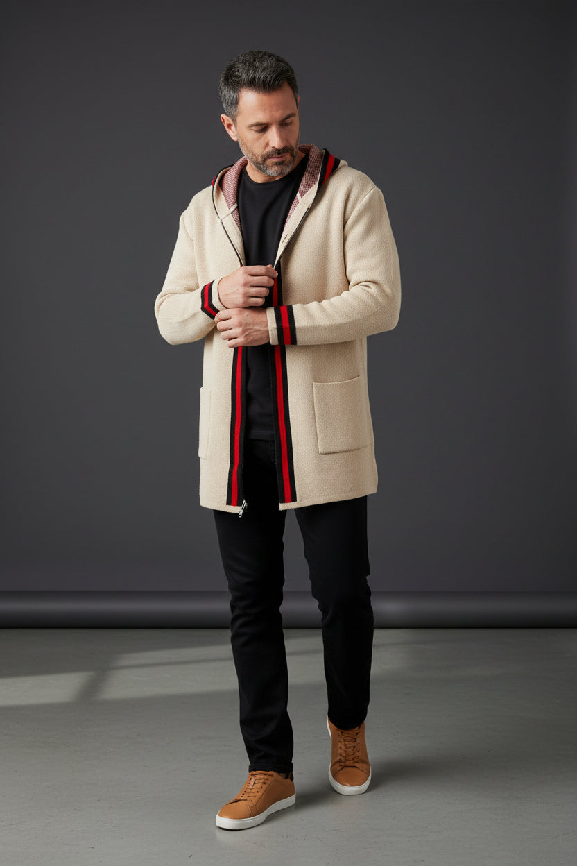 Cream Cardigan With Black and red Stripe