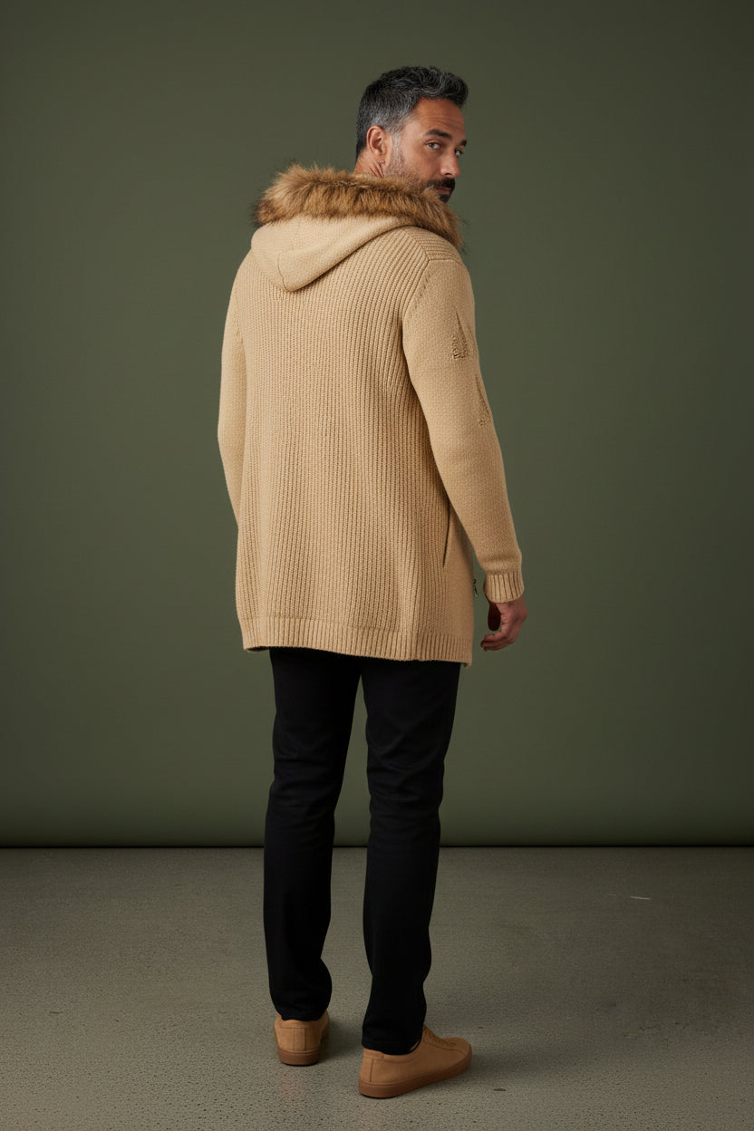 Fur-Trimmed Hooded Long Cardigan