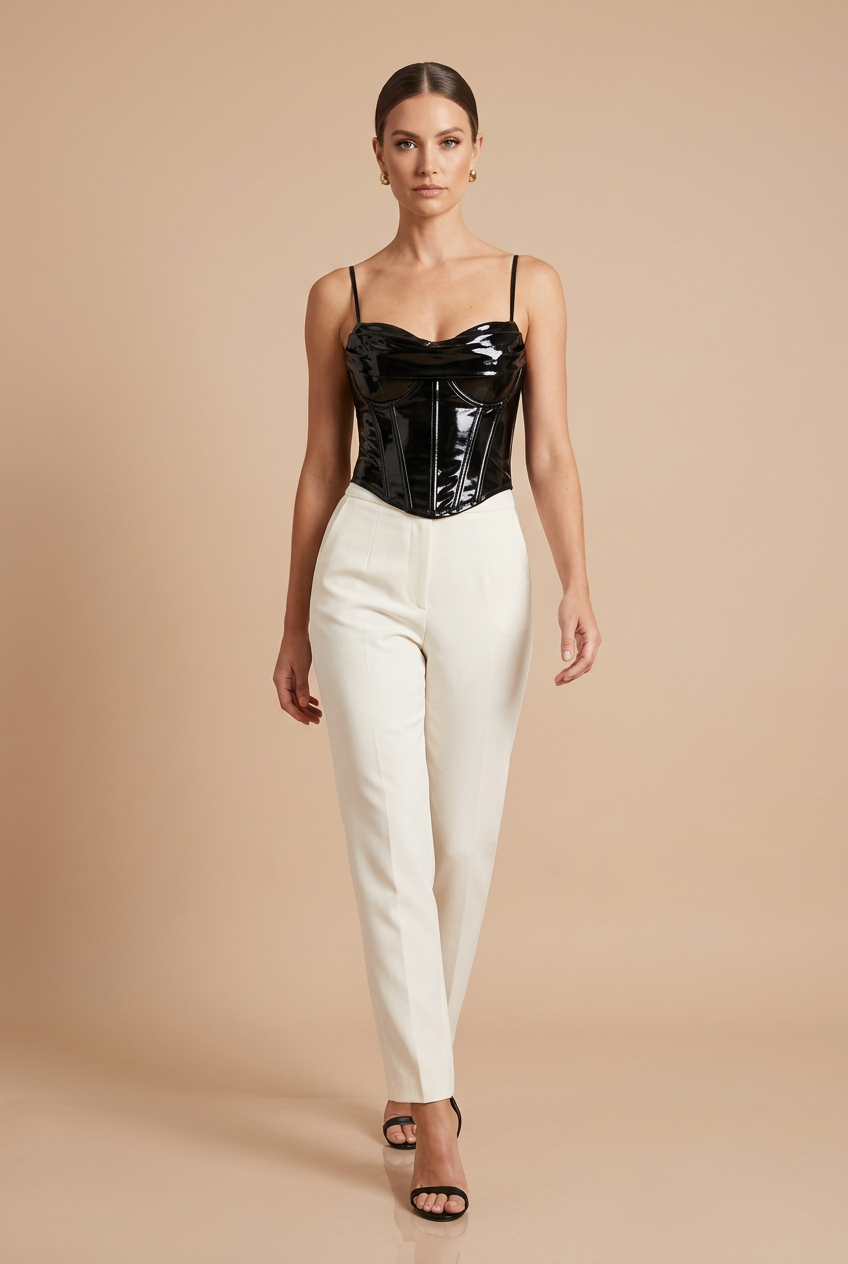 Walking model wearing black corset top