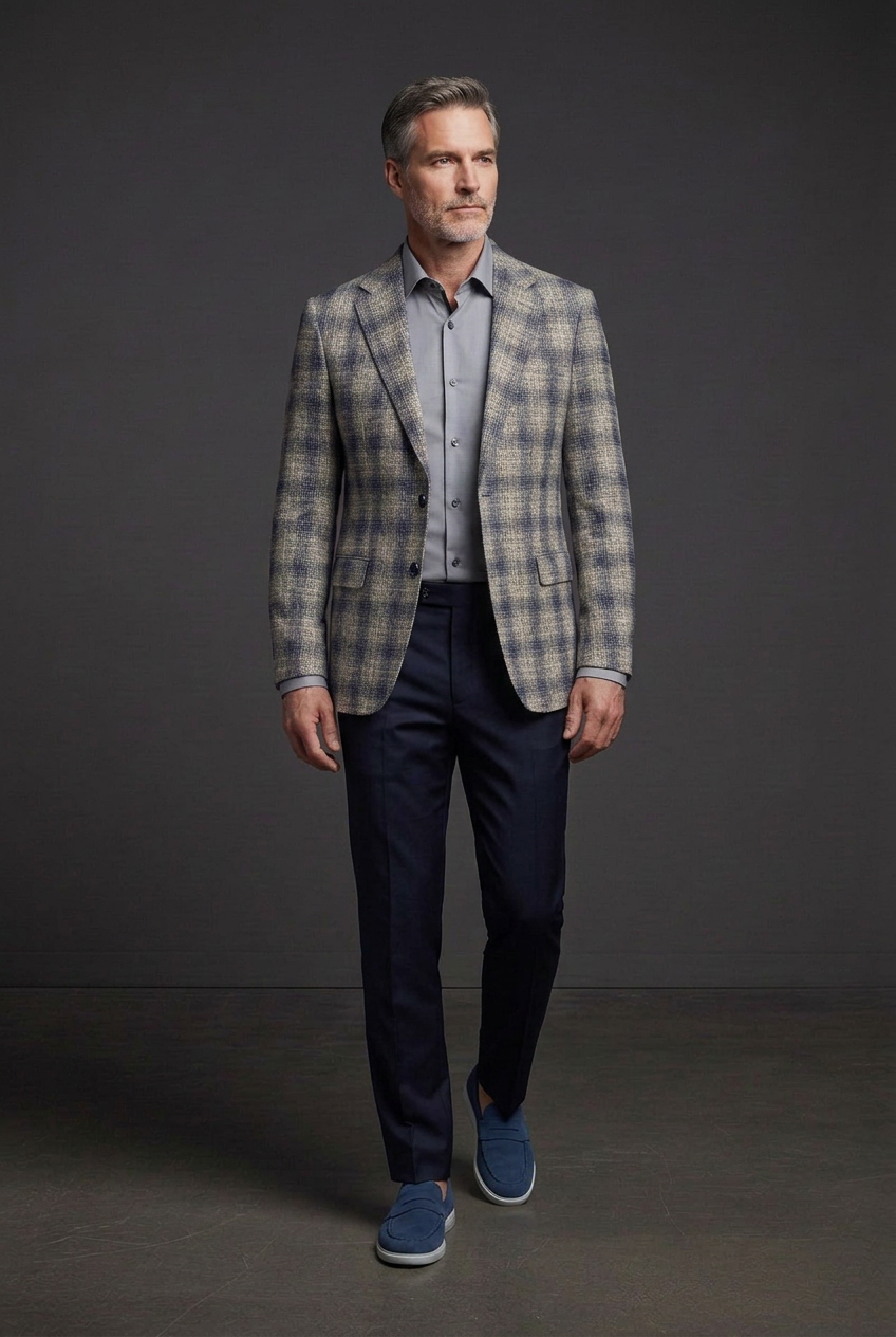 Walking pose with solid gray shirt