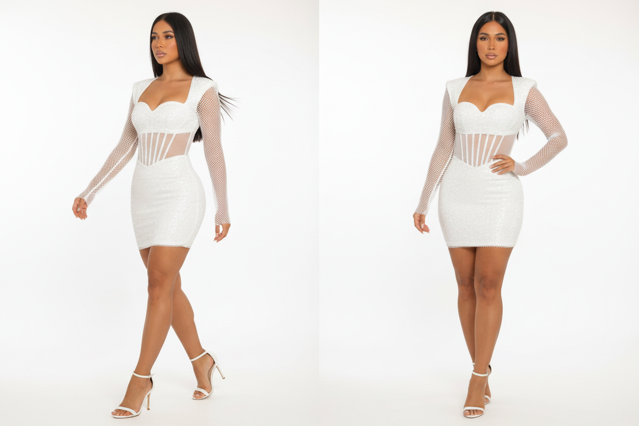 White dress walking pose