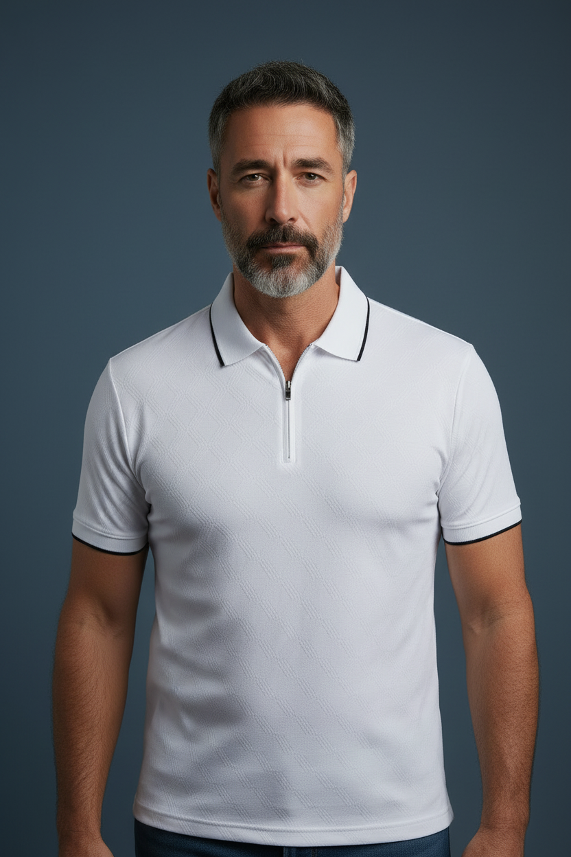 White polo with black trim on model