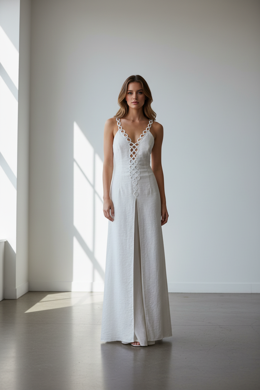White Ring-Detail Maxi Dress on Model