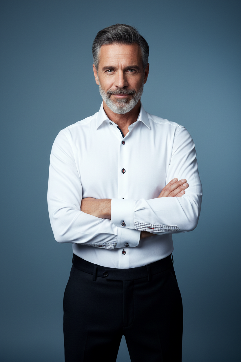 White shirt with patterned collar arms crossed