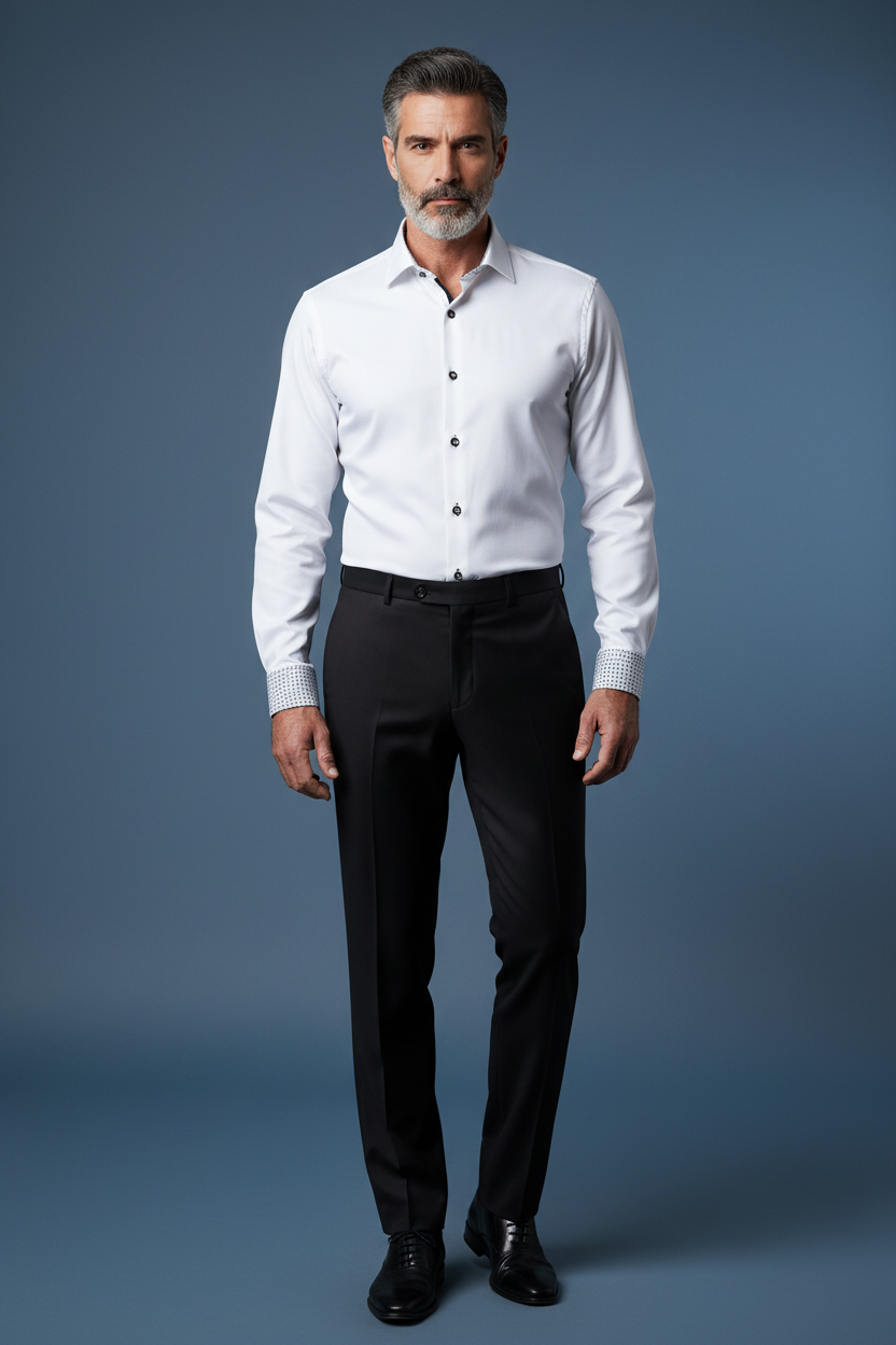White shirt with patterned collar front pose updated