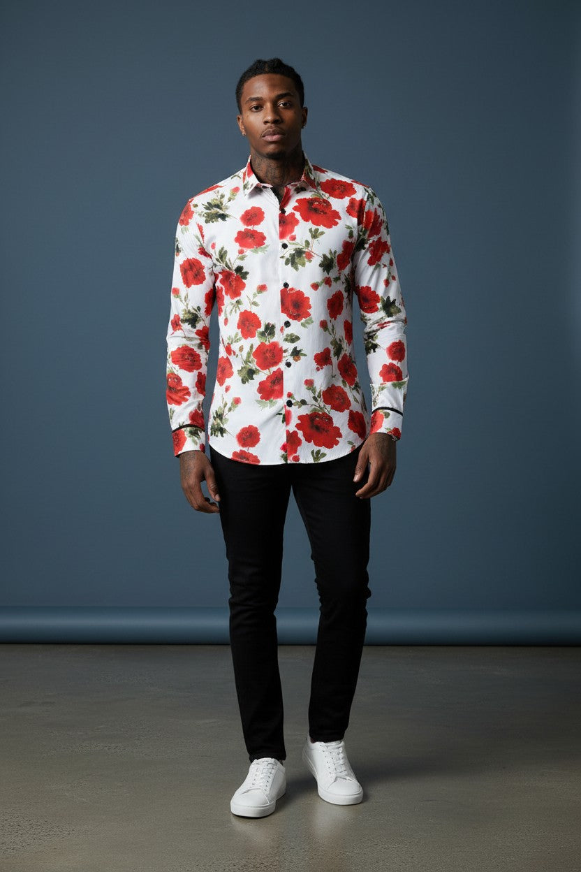 Vercini White Red Poppy Floral Slim Fit Dress Shirt — Garden Edition