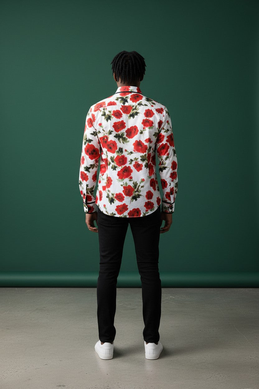 Vercini White Red Poppy Floral Slim Fit Dress Shirt — Garden Edition