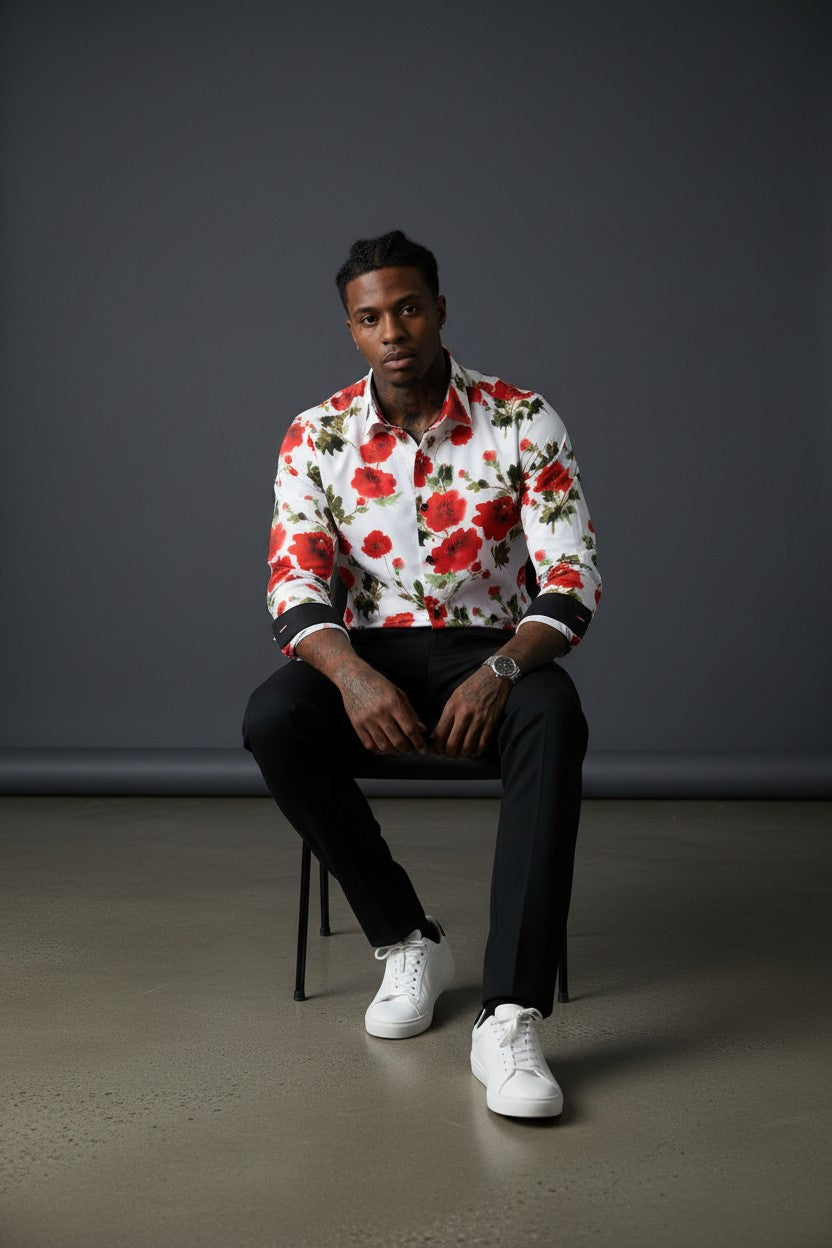 Vercini White Red Poppy Floral Slim Fit Dress Shirt — Garden Edition
