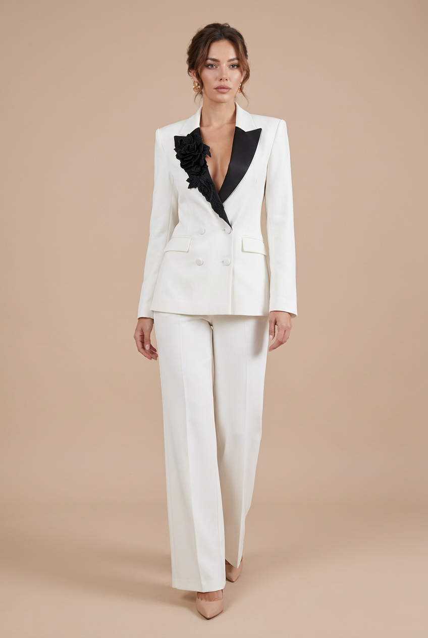 White suit, walking pose
