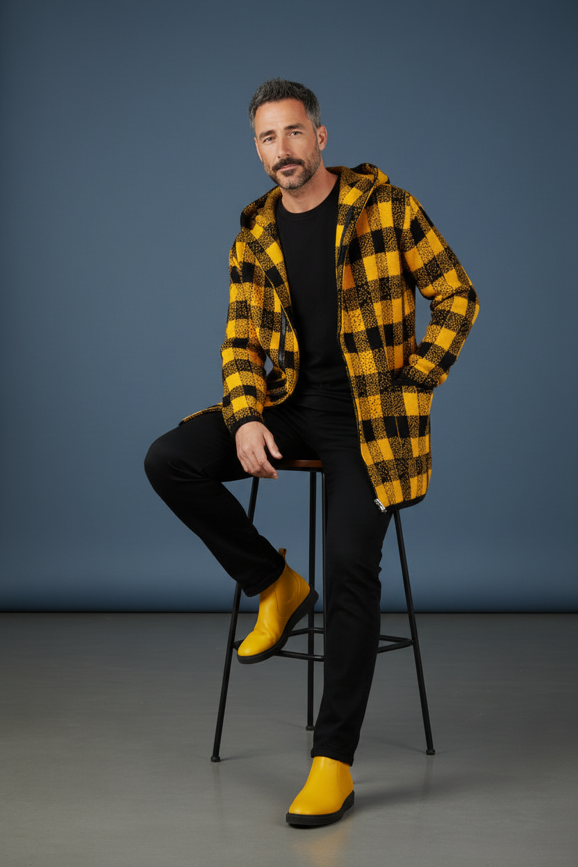 Yellow Plaid Hoodie - Sitting Pose