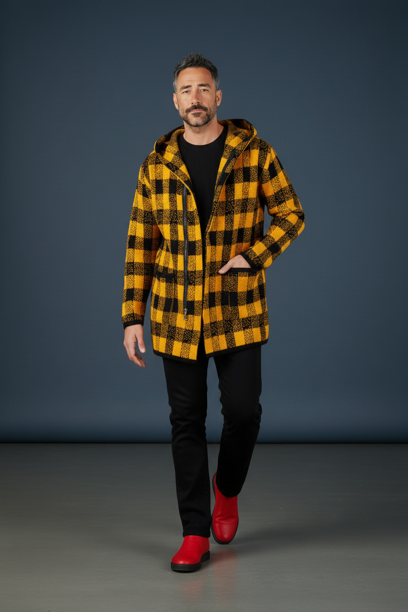 Yellow Plaid Hoodie - Walking Pose