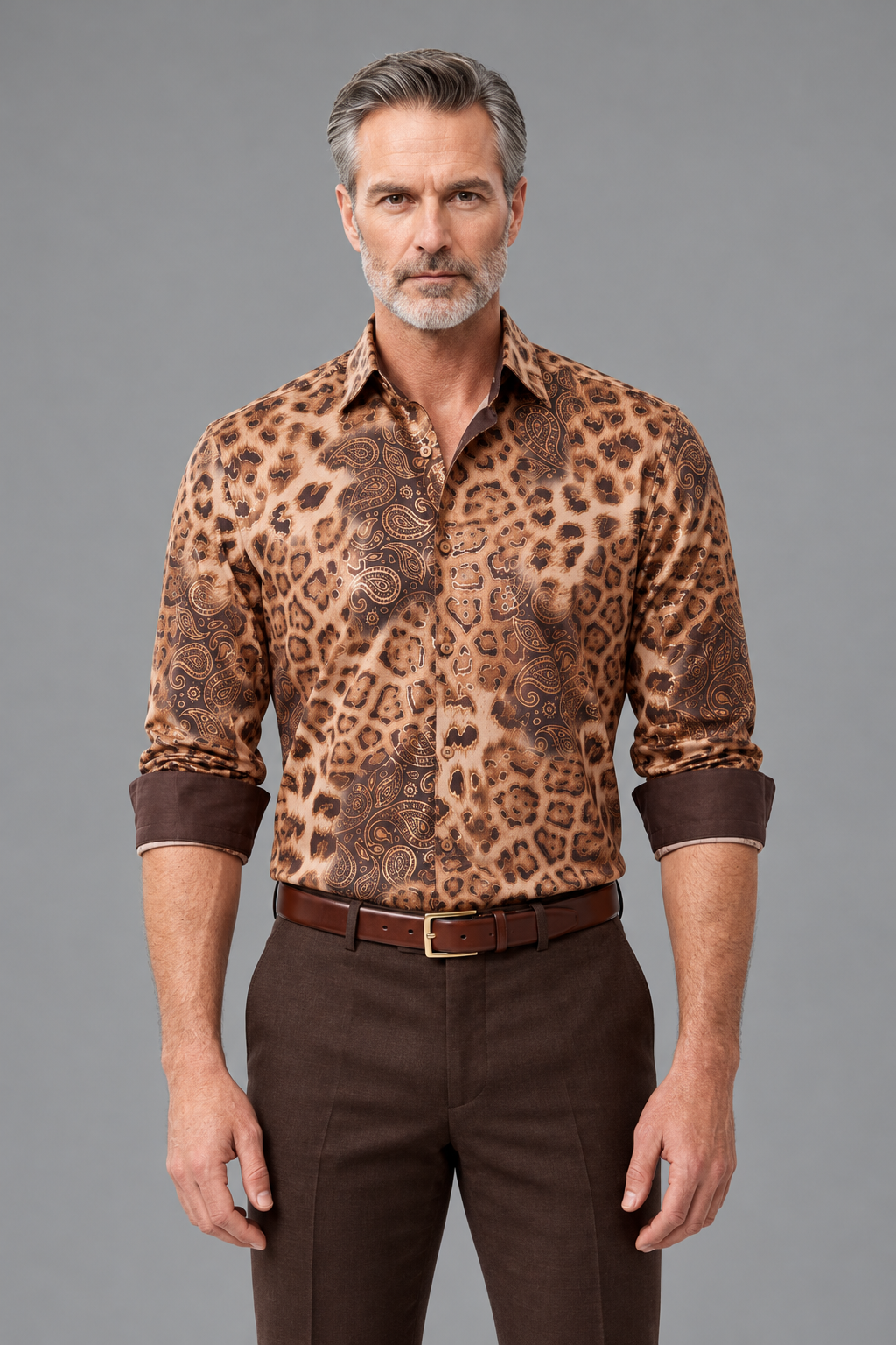 Leopard & Paisley Print Button-Down Shirt – Tan & Brown