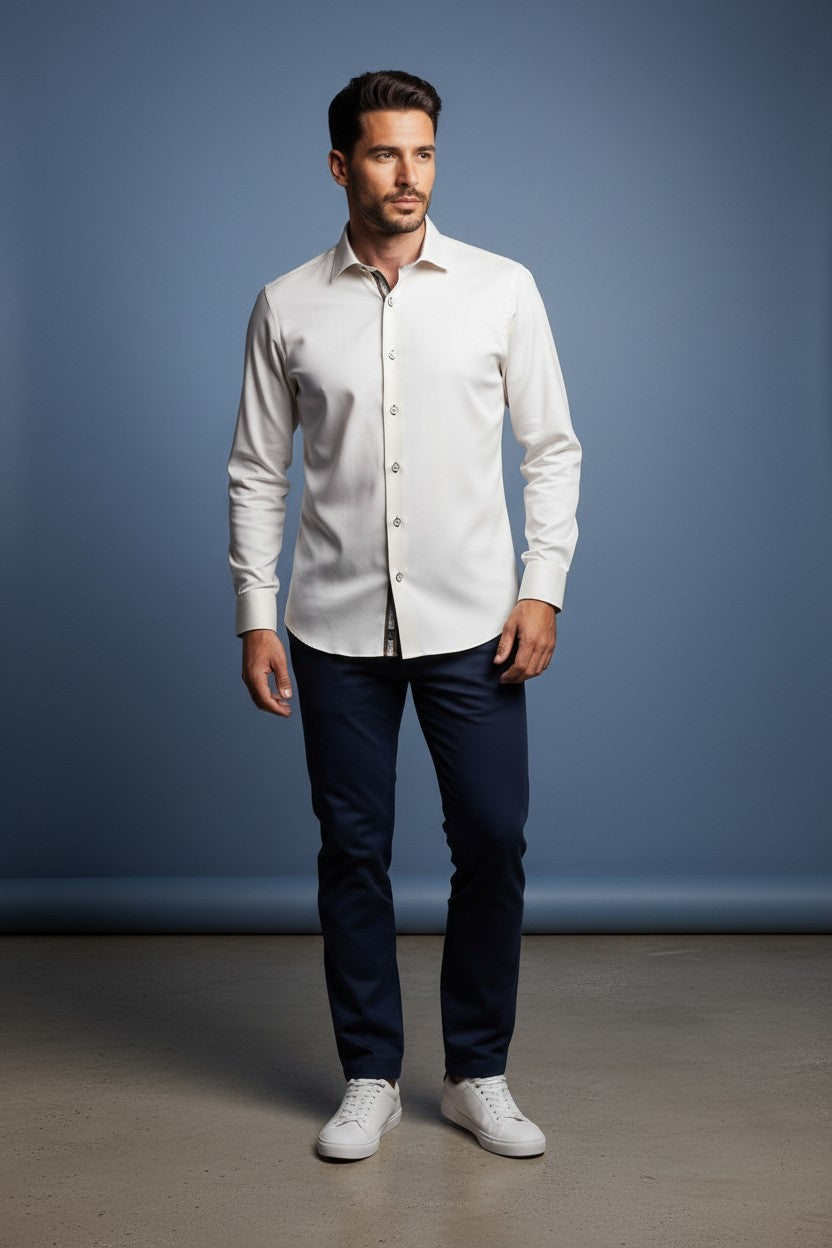 VECS-Z04  Ivory Elegance Contrast Trim Shirt