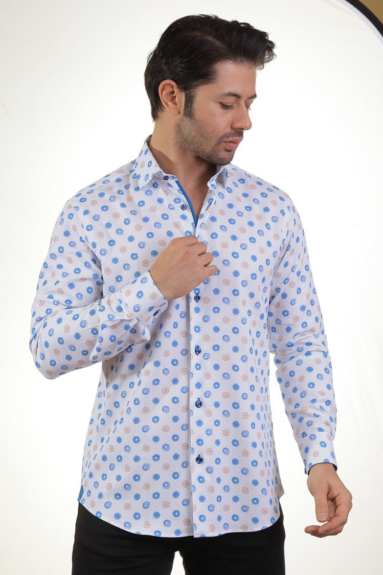 White Shirt With Blue And Brown Circles